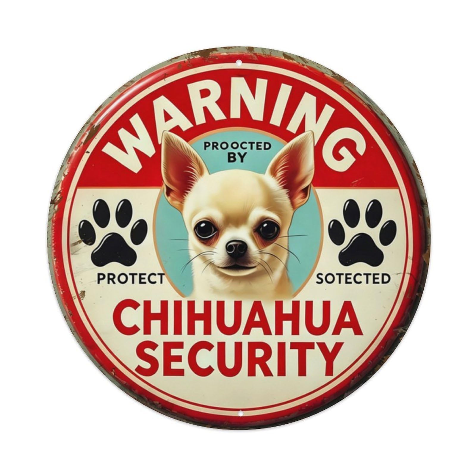 Vintage Red Border Chihuahua Security Warning Pet Round Tin Sign Vintage Aluminium Metal Sign, Retro Wall Decor for Home, Bar, Garage & Farmhouse 20x20cm
