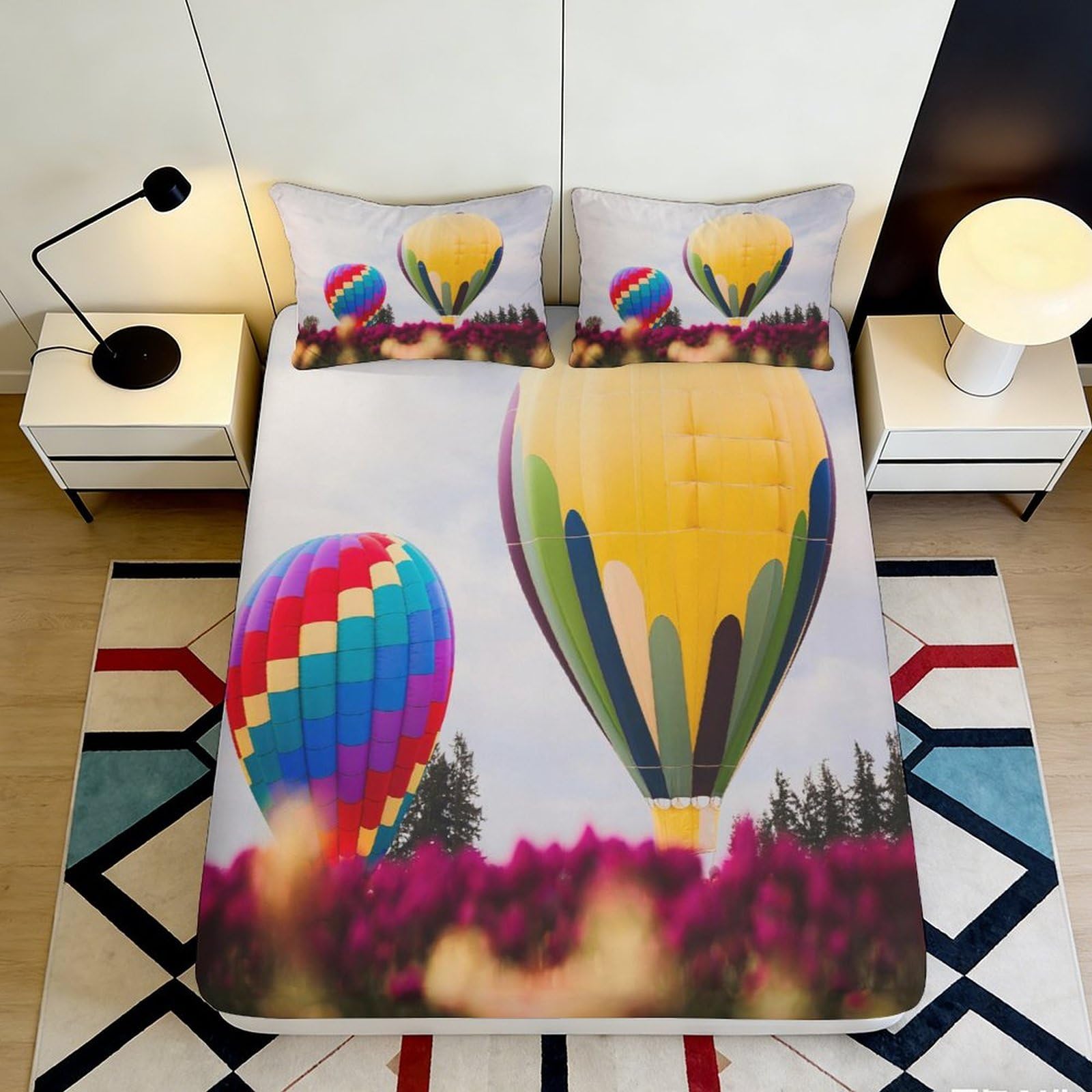 Pnayamiorkfel Style-6 3D Printed Hot Air Balloon Fitted Sheet Microfiber Multicolor Festival Bed Cover Anti-Slip Easy Care For Bedroom Guest Room 90X200x25cm