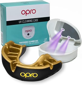 OPRO Gold Level Mouth Guard Adult, Black/Gold & UV Cleaning Case White Dentist-Level Comfort, Protection, Disinfection for Sports Includes Case, Rechargeable, Compact & Lightweight