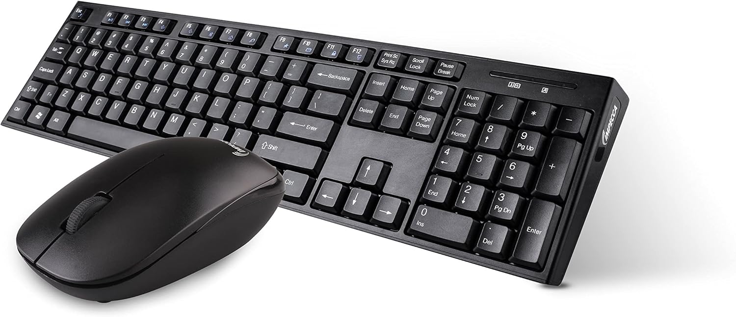 Impecca KB202WCK Wireless Keyboard and Mouse Combo, Wireless Ergonomic Keyboard with Optical Mouse, Spill-Resistant and Low Power Consumption, One Battery Needed to Operate, for Windows & MAC – Black