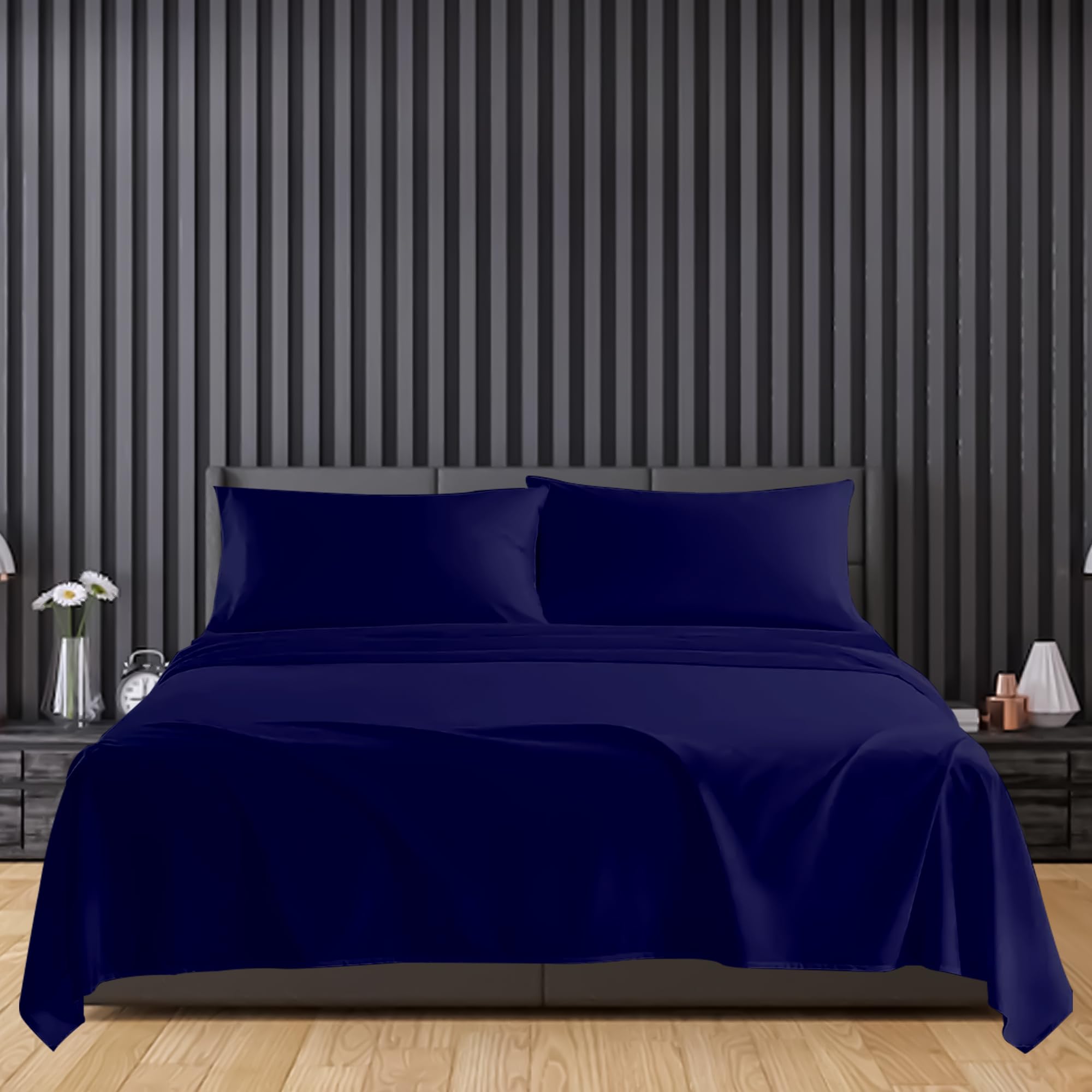 Sunshine Comforts Navy Egyptian Cotton Flat Sheets Breathable, Anti Wrinkle, Shrink And Fade Resistant 200 Thread Count Bed Sheets Double Bedding & Linen- 240 X 254Cm Double Flat Sheet