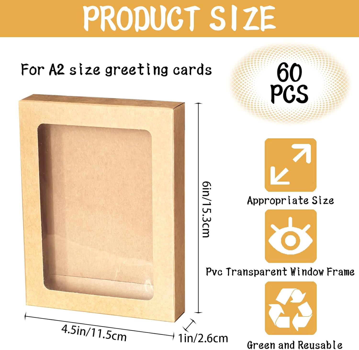 60 Pcs Greeting Card Storage Box, Kraft Paper Box with PVC Transparent Window Greeting Card Holder Bulk for A2 Paper Photo Frame Card Envelope Biscuit, 4.5 x 6 x 1 Inches, Rectangle
