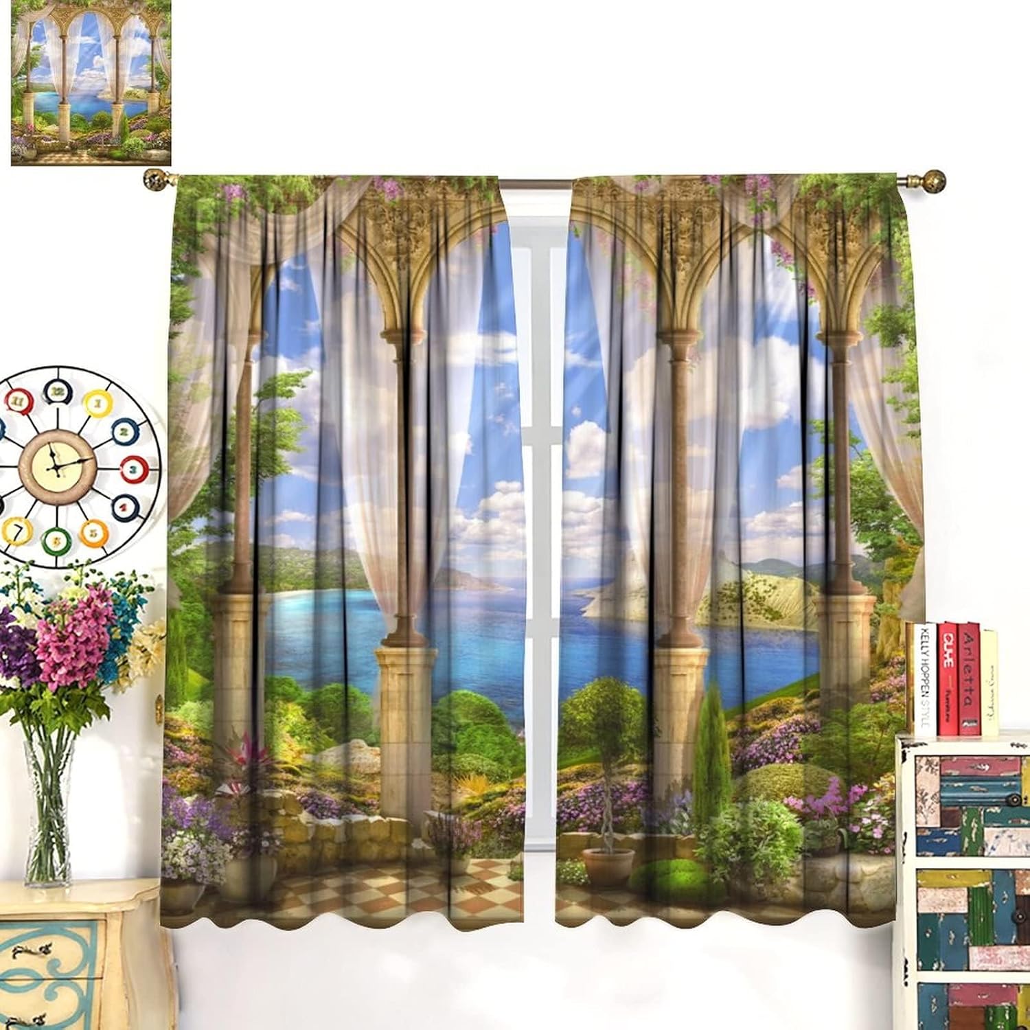 Retro Exotic Tropic View Curtains, Ancient Classic Roman Marble Stone Seaside Courtyard with Natural Lush Floral Plants, Blackout Rod Pocket Window Drapes for Living Room Bedroom Kitchen 42x45 Inch