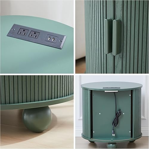 Miniatura 3 de AVZEAR Mesa auxiliar redonda grande de 24 pulgadas con estación de carga, mesa auxiliar de sofá acanalada de granja con puerta corrediza y