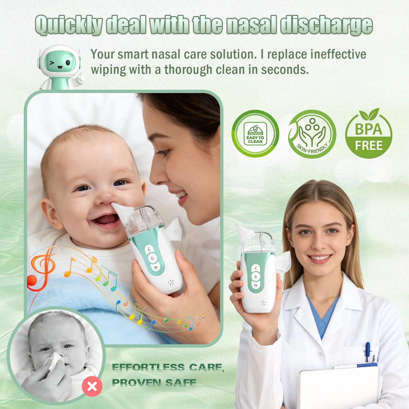 Smart Baby - Aspirador nasal eléctrico 2 en 1 para niños pequeños con aerosol, succión de 5 niveles, música relajante, 2 puntas de silicona, carga USB-C, estuche de almacenamiento, aspirador nasal