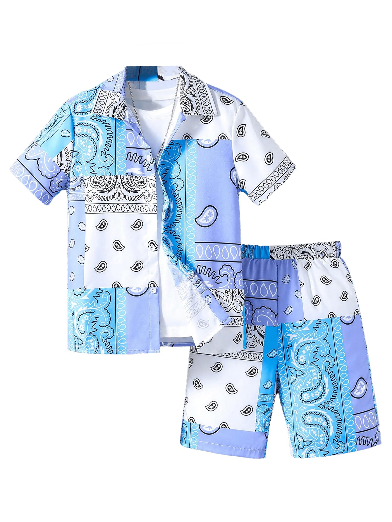 SOLY HUXBoy's Summer 2 Piece Outfits Boho Paisley Print Short Sleeve Button Down Shirt and Shorts Set
