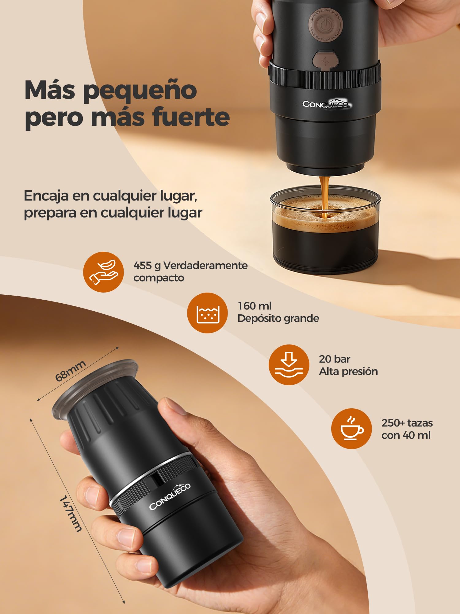 CONQUECO Cafetera Espresso Portátil 20 Bar – REQUIERE AGUA CALIENTE (No Calienta), Máquina 2 en1 para Cápsulas NS y Café Molido, Ligera 455g, USB-C, 250 Tazas por Carga – Para Viajes, Playa, Montaña