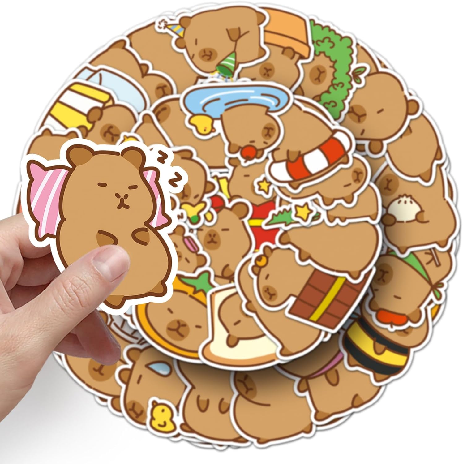 Kawaii Capybara Stickers 50pcs, Vinyl Waterproof Animal Stickers, Cute Cartoon Animal Sticker Cute Aesthetics Stickers Pack Vinyl for Laptop, Water Bottle, Skateboard, Scrapbooking, Party Favors