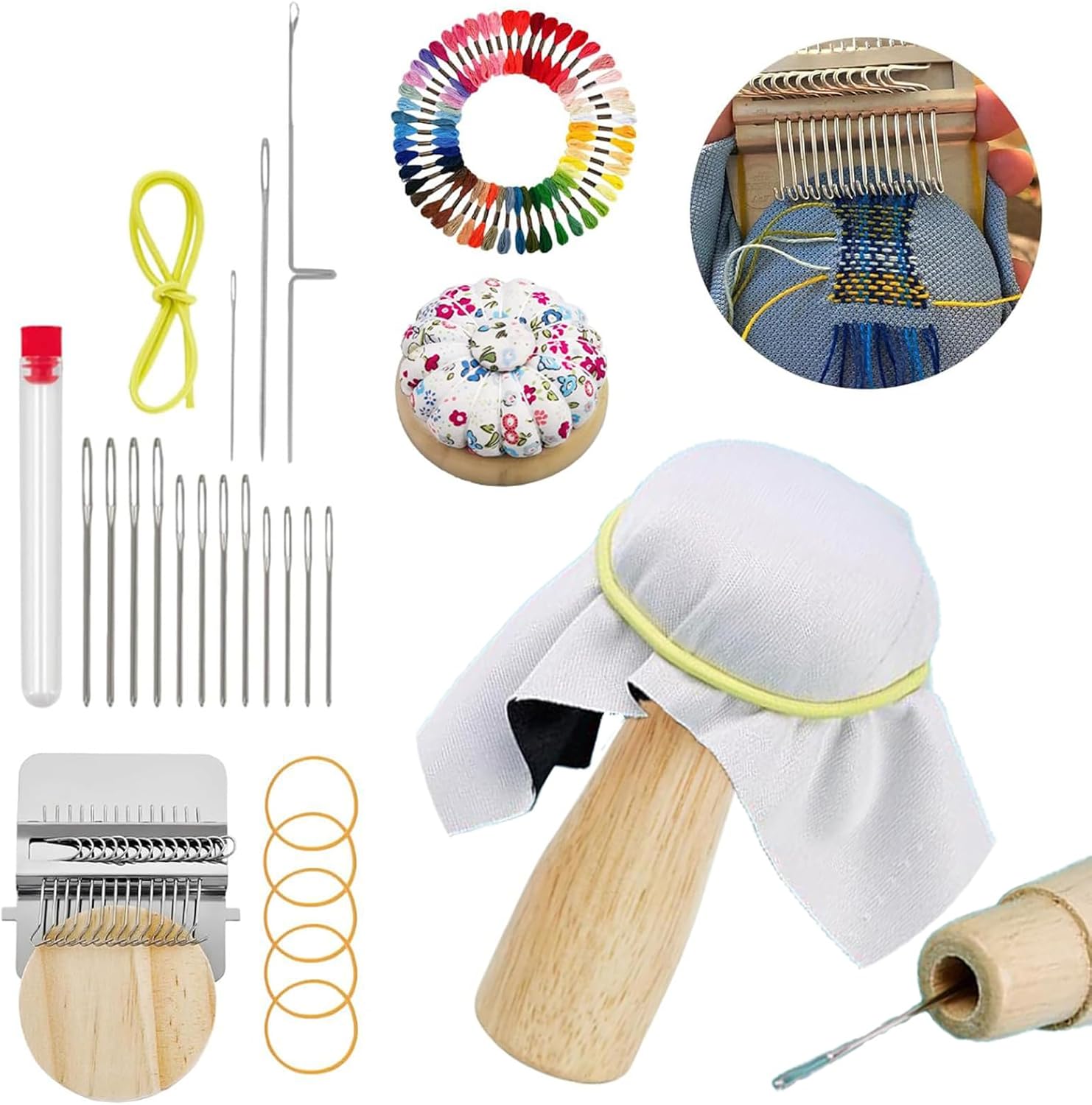 Mini Mushroom Darning Looms, Knit Patch Kit with 14 Hooks Small Speedweve Style Weaving Darning Looms, 14 Needles, 50 Colors Thread, Handcraft DIY Weaving Repair Tool Darning Kit for Socks, Jeans