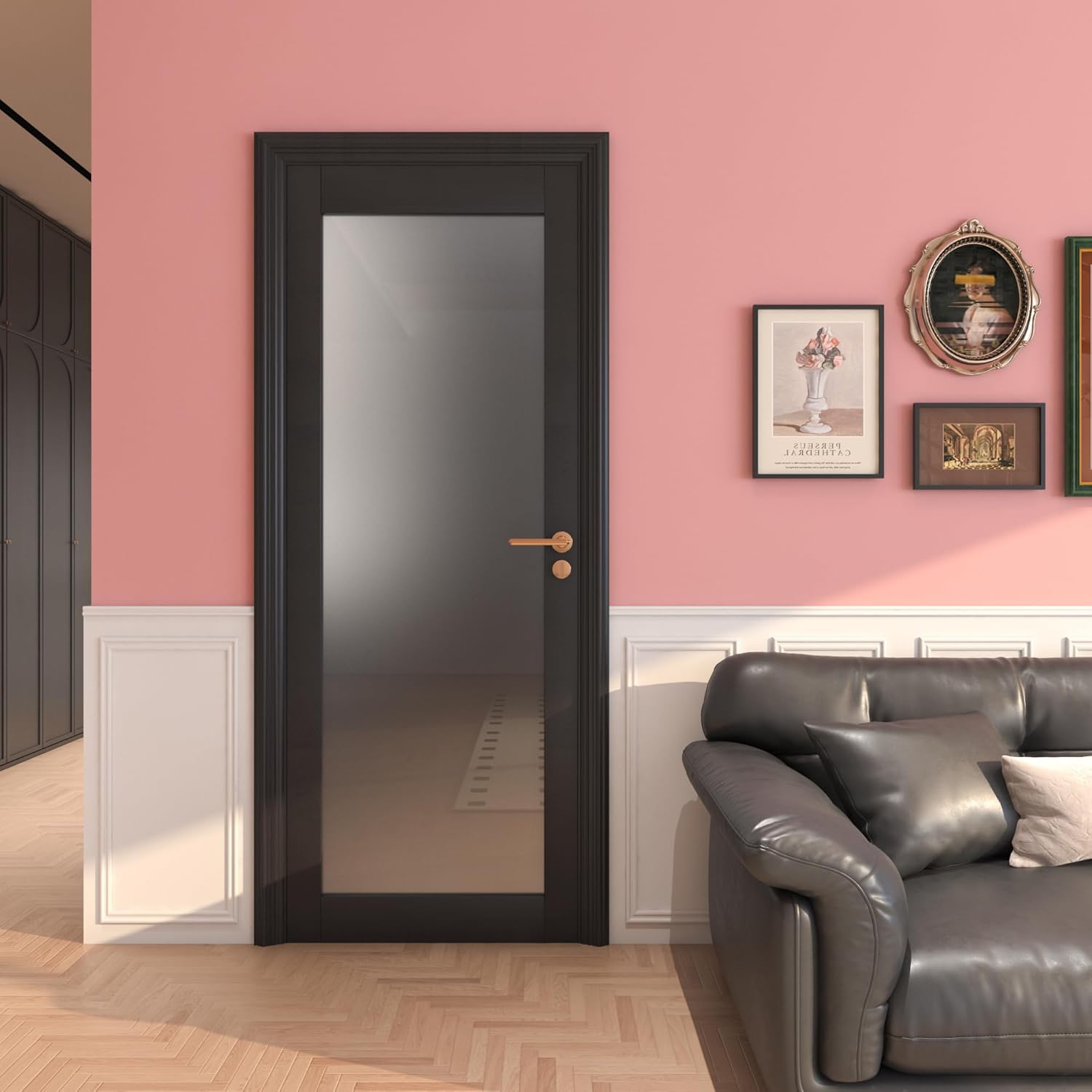 24" x 80" Frosted Glass Slab Door, 1-Lite Glass French Interior Door, Pre-Assembled Solid Wood Barn, Pocket Doors for Living Room Pantry Laundry Closet Bathroom Black Pre-Finished Surface w/o Hardware