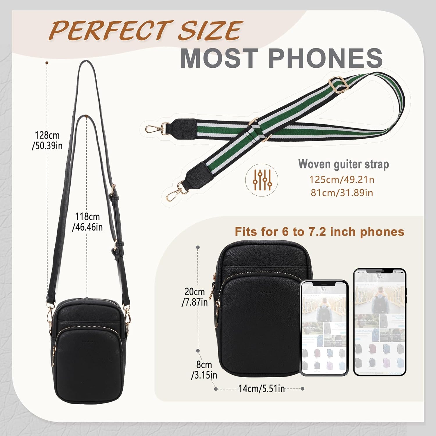 VX VONXURY Small Crossbody Bags for Women,Mini Vegan Leather Cell Phone Purse with Card Slots and 2 Detachable Straps