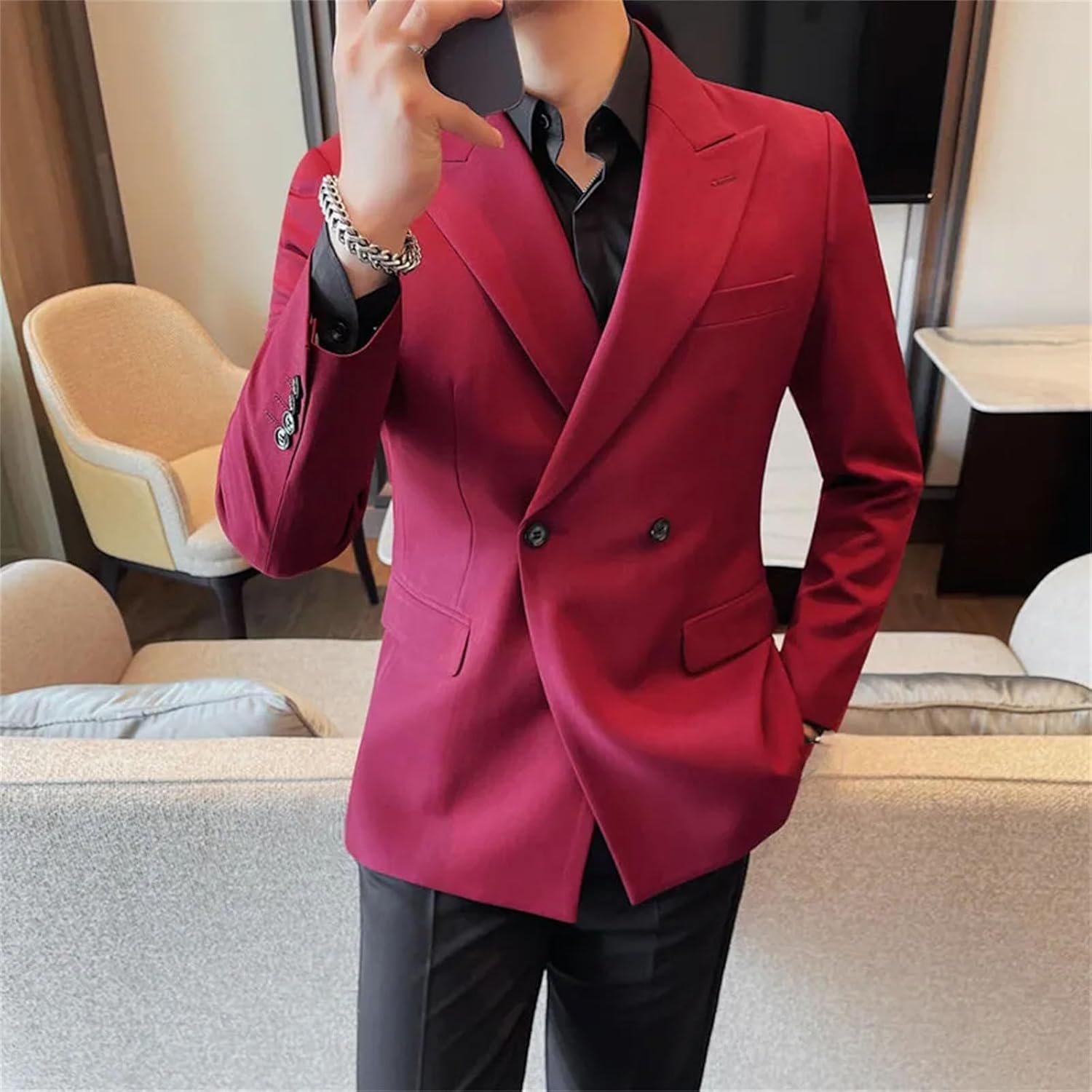 Men Double Breasted Blazers Jackets Plain Color Suit Coats Long-sleeved Slim Fit Business Casual FormalWear