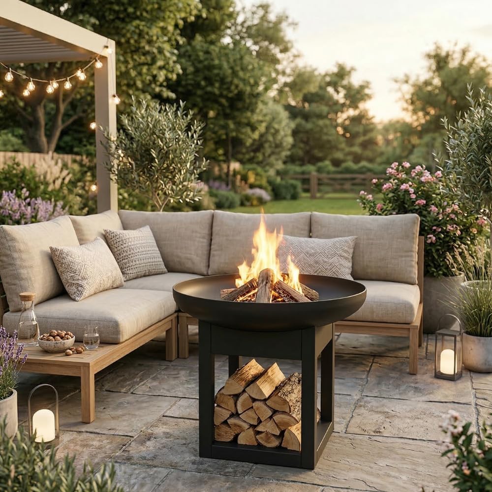 KRATKI Gartenfeuerschale FIRE Stahl Feuerstelle Gartenkamin | Feuerschale für Garten und Terrasse, robuste Konstruktion, schwarz, 48,5 x 60 cm