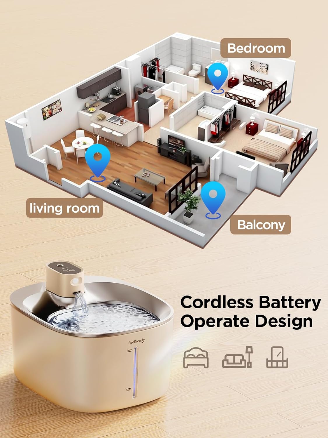 Fontaine à eau sans fil pour animaux de compagnie FEELNEEDY YPD-C004 dans différentes configurations de pièces