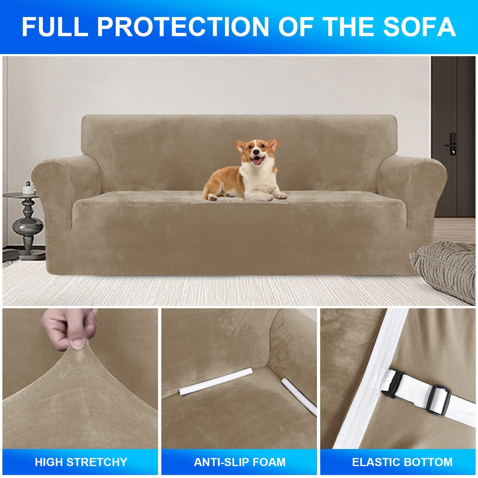 Terciopelo Funda Sofa 3 Plazas Ajustable Y Elastica, Funda De Sofa Antideslizante Antimanchas, Universal Couch Cover Protector, con Reposabrazos, Lavable, Camello