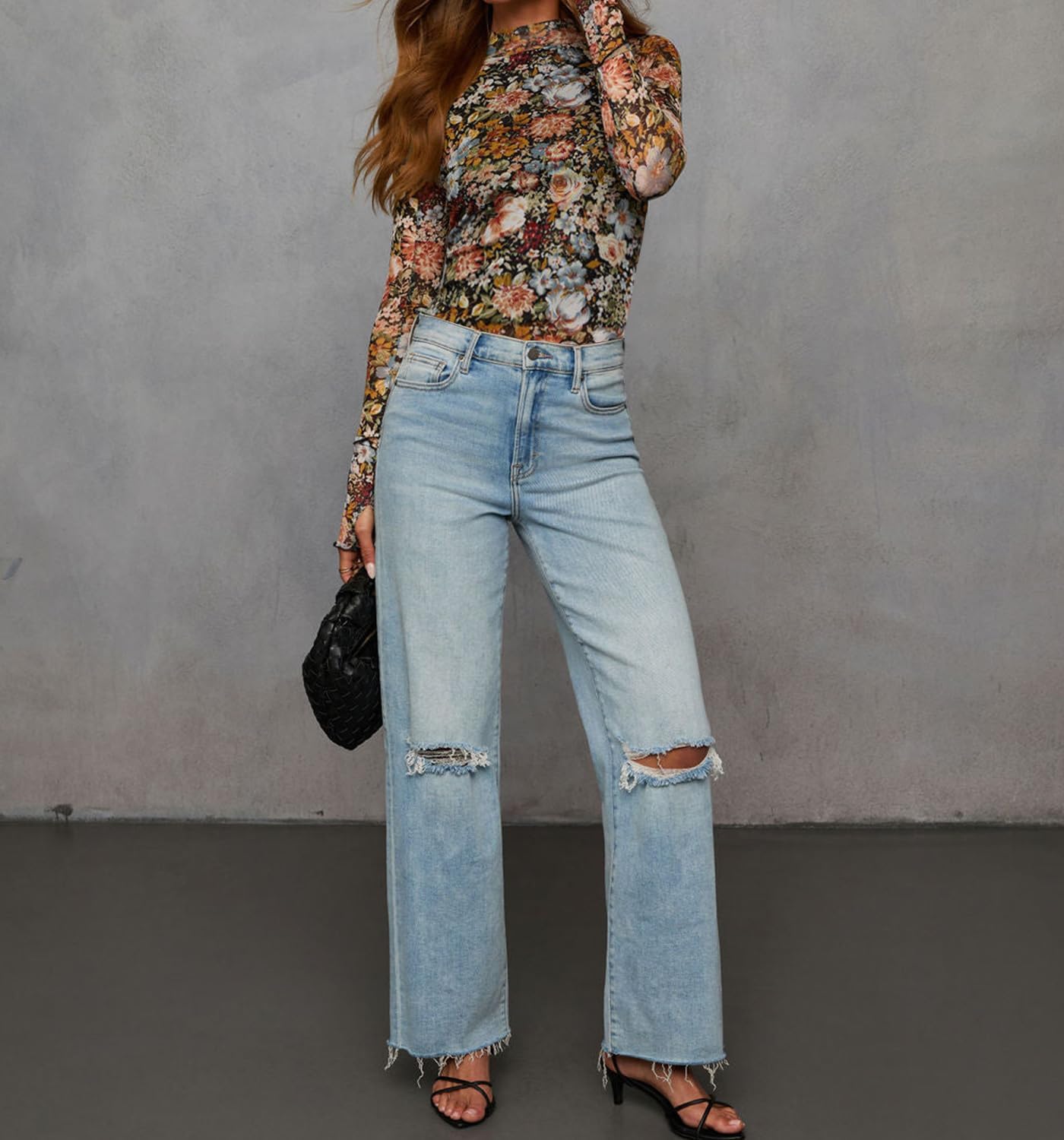 Dressmine Long Sleeve Mesh Tops for Women Mock Neck Floral Blouse Layering Sexy Fitted Going Out Top - Image 3