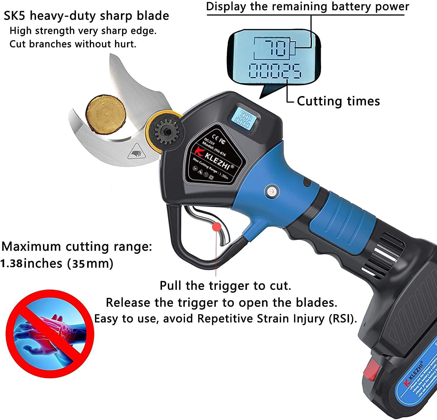 Akku Astschere mit LED, Schnurlose Elektrische Gartenschere, 35 mm Schnittdurchmesser, 2x 2 Ah Lithium-Wiederaufladbar Akku, 6–8 Arbeitsstunden, 21V Rebschere, Baumschere, Rosenschere