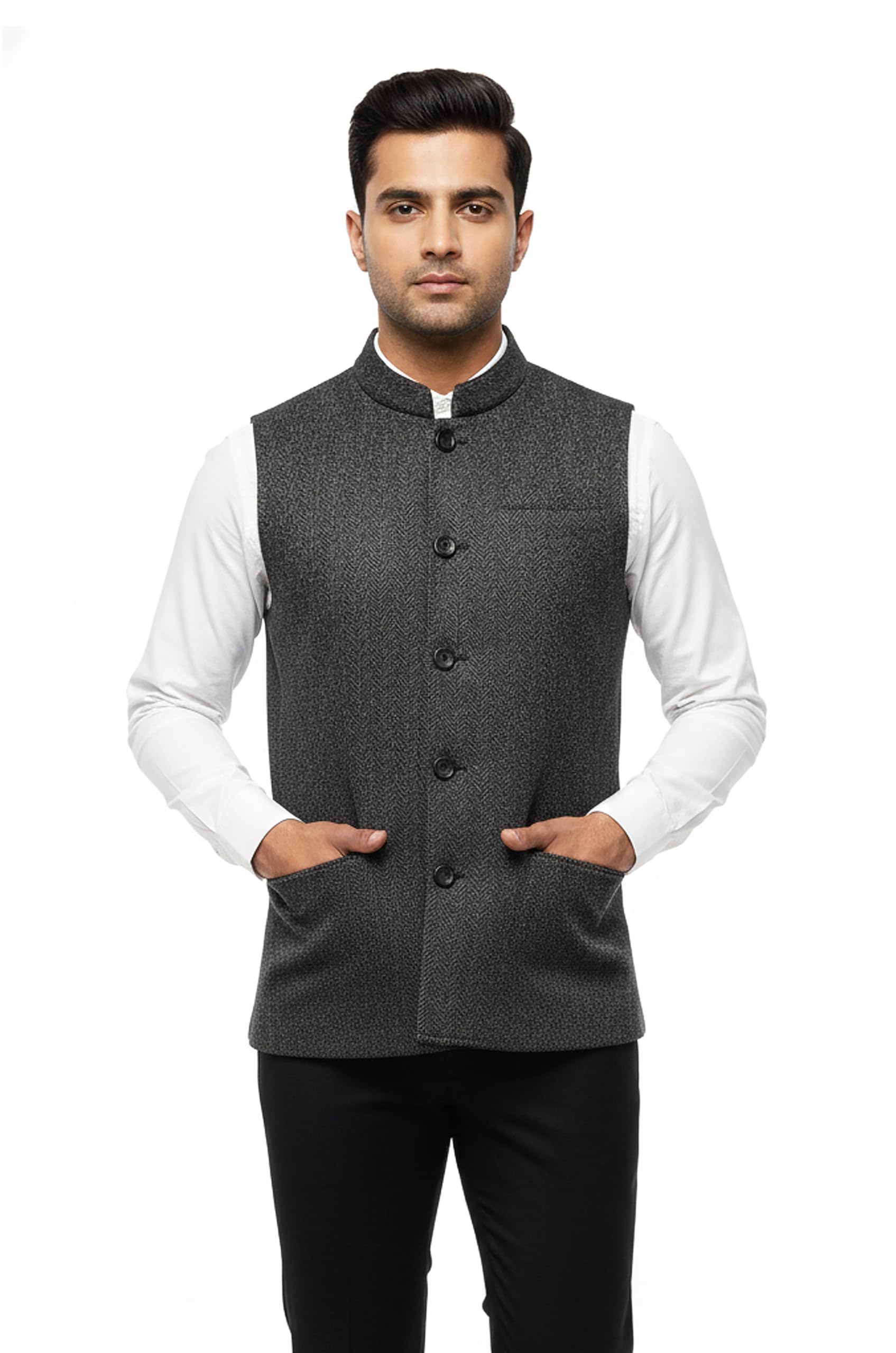 aol Men's Winter Nehru/Modi Short Jacket (Waistcoat)| Tweed Woollen Fabric | Herringbone Pattern|Fully Lined with Inner Pocket| Mandarin Collar|Sleeveless Bandhgala for Festive, Casual & Formal wear-picture-54