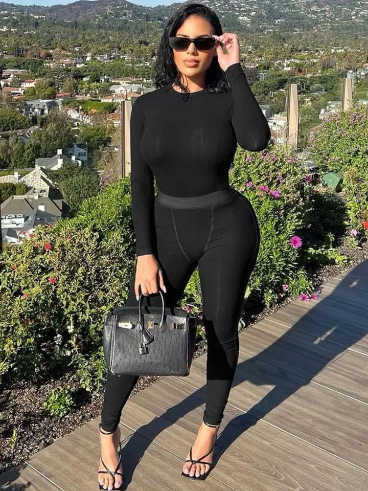 AYWA Women's 2 Piece Outfits Ribbed Long Sleeve Fitted T-shirt High Waist Leggins Shorts Casual Matching set - Image 2