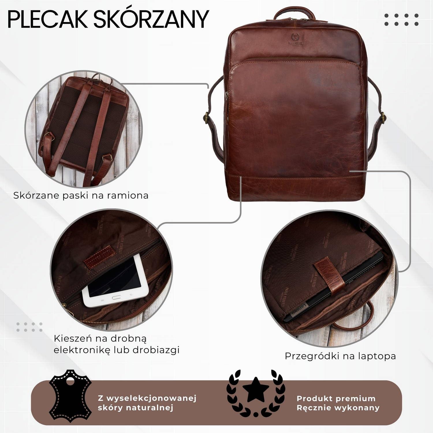 Plecak męski skórzany vintage na laptopa miejski brązowy pojemny Paolo Peruzzi IM-07-CG