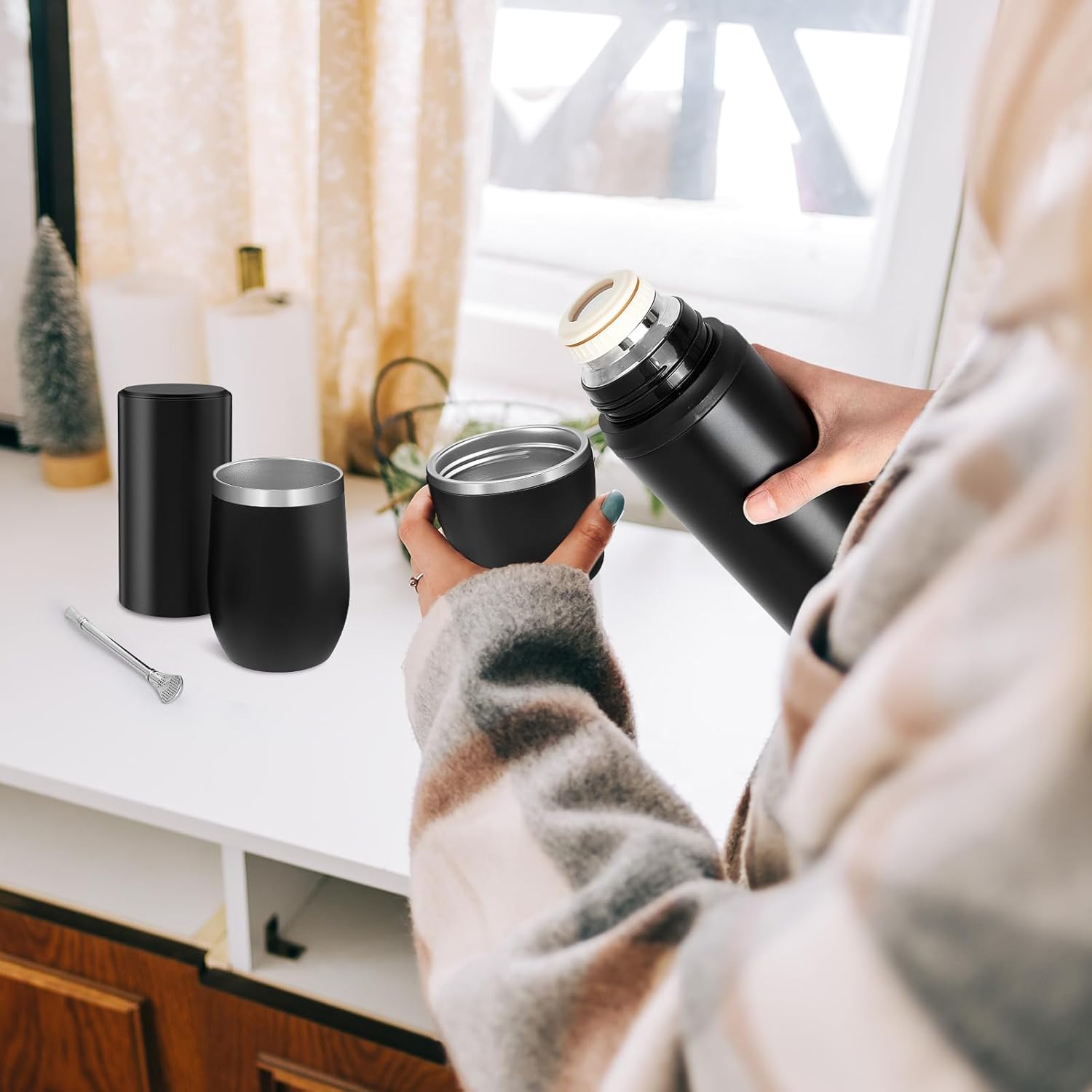 Suclain 3 Pcs Complete Yerba Mate Kit 12 oz Yerba Mate Gourd and Bombilla Set, 34 oz Stainless Steel Thermal Water Bottle with Tea Can, Straw Brush(Black) - Image 6