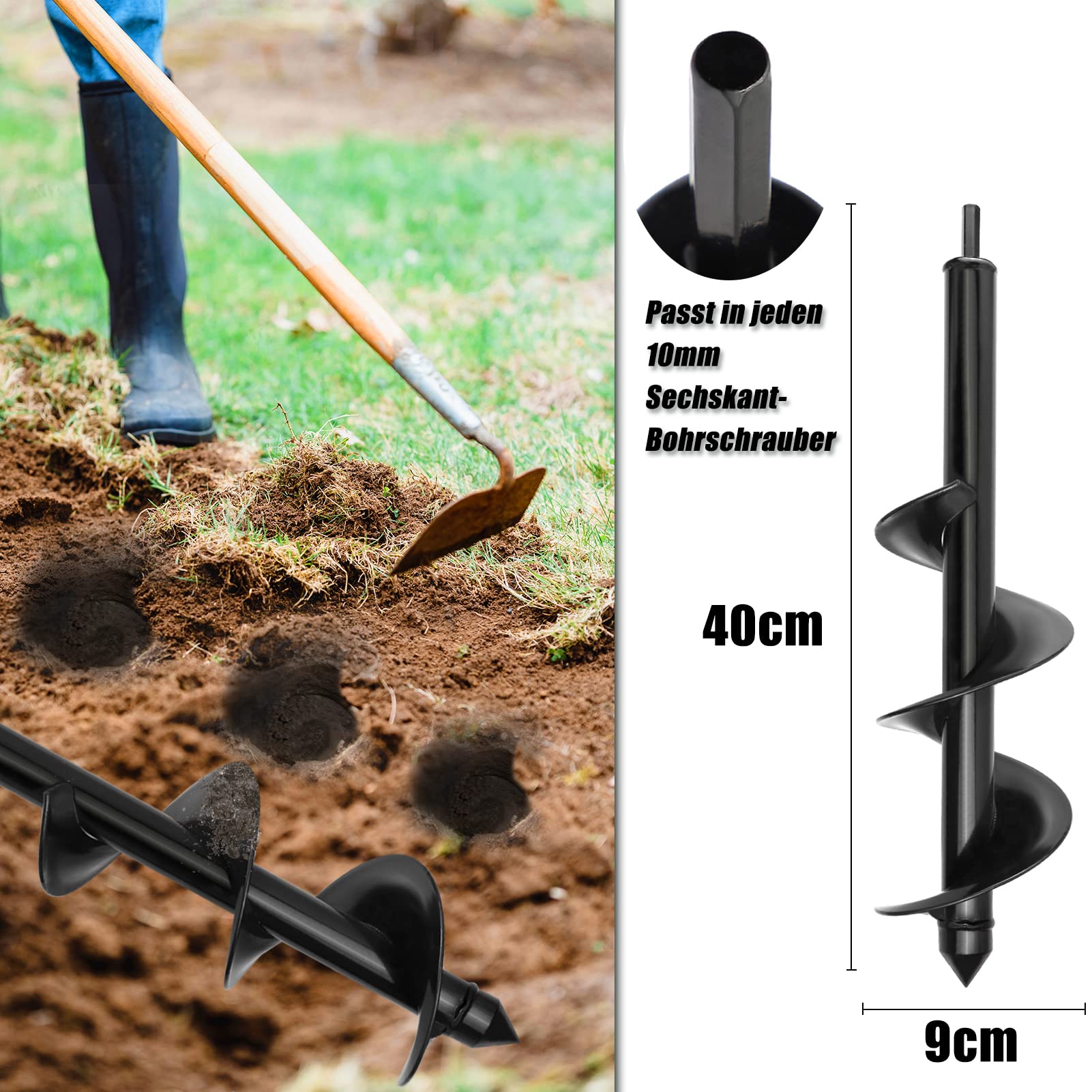 Broca helicoidal de jardín 4 x 42 + 9 x 40 cm para taladro y atornillador inalámbrico con flor, caracol para cavar