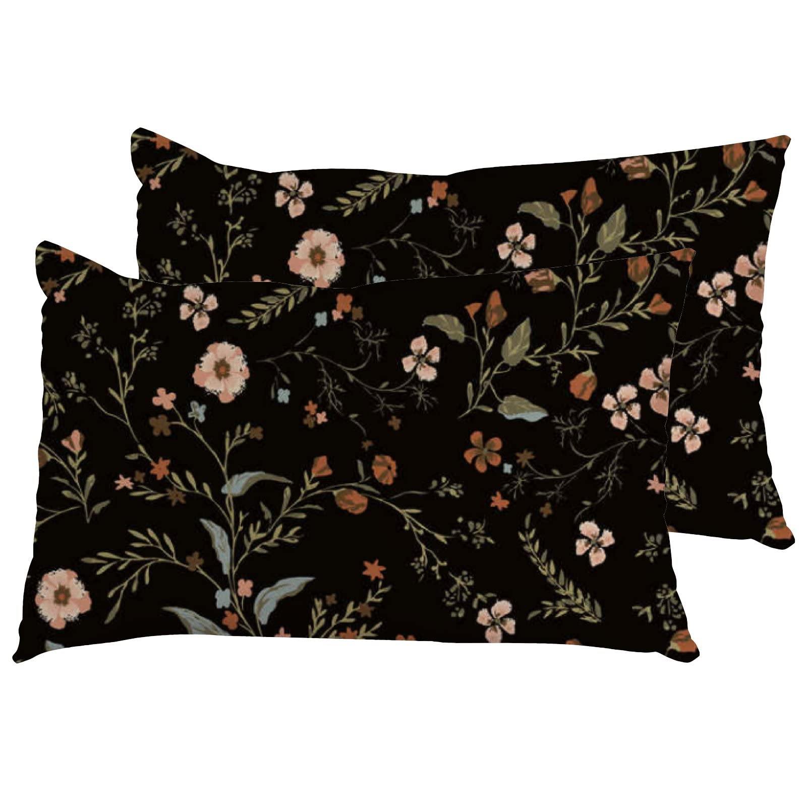 Pillowcase Set of 2 Floral Flowers Vintage Branches Country Garden Black Zippered Pillow Cover Pillow Sham for Long Pillow Standard Size 16X24 Inch