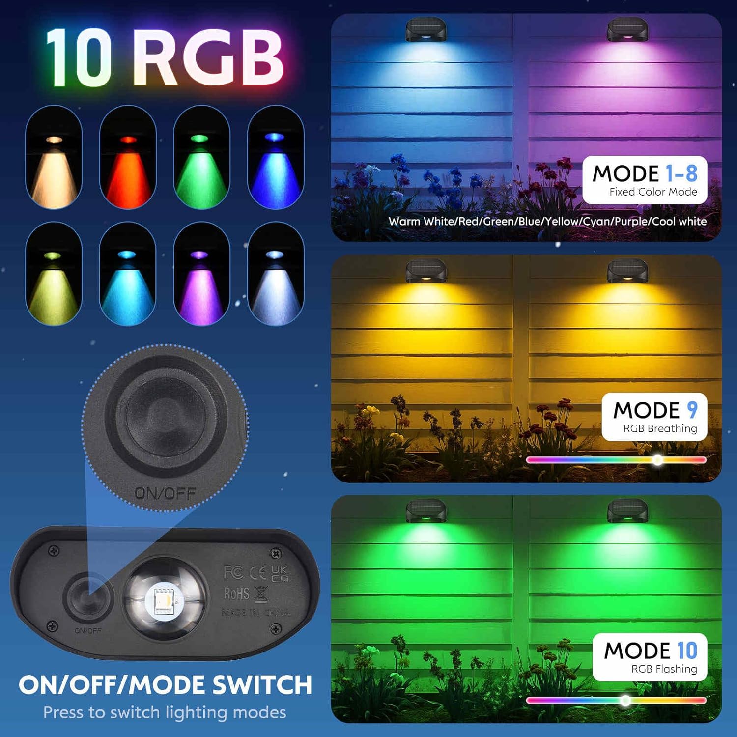 12 Pack Solar Fence Lights Outdoor, Solar Deck Lights with RGB Colors Warm White Cool White, Waterproof Fence Light for Outside Stairs Backyard Patio Pool Railing Outdoor