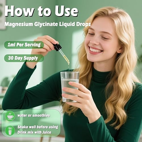 Vista 5 de Glicinato de magnesio puro de 400 mg gotas líquidas, magnesio quelado de alta absorción con zinc para la relajación del sueño, nervios óseos
