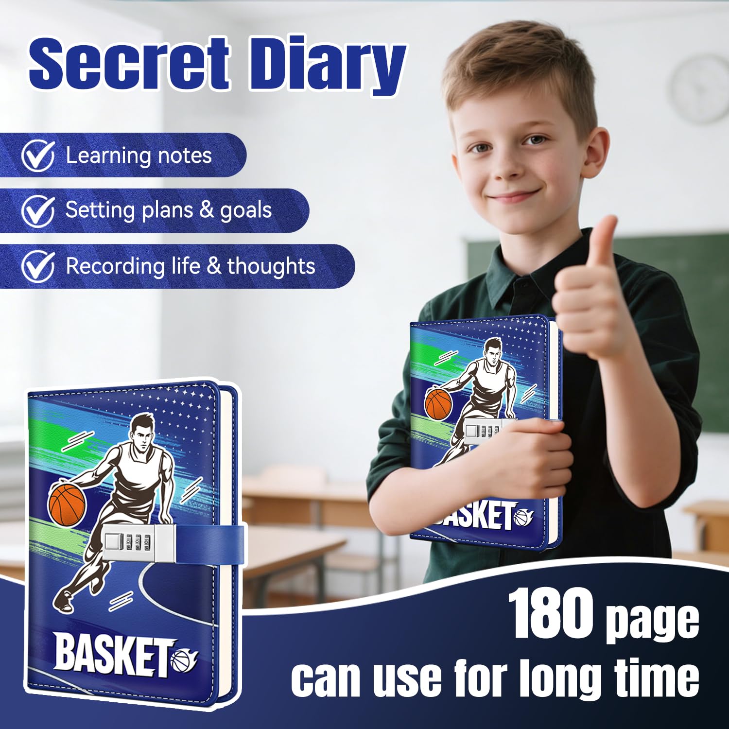 Diario con candado, diario para niños y niños, diario de baloncesto con código para adolescentes, adultos y niñas (Azul)