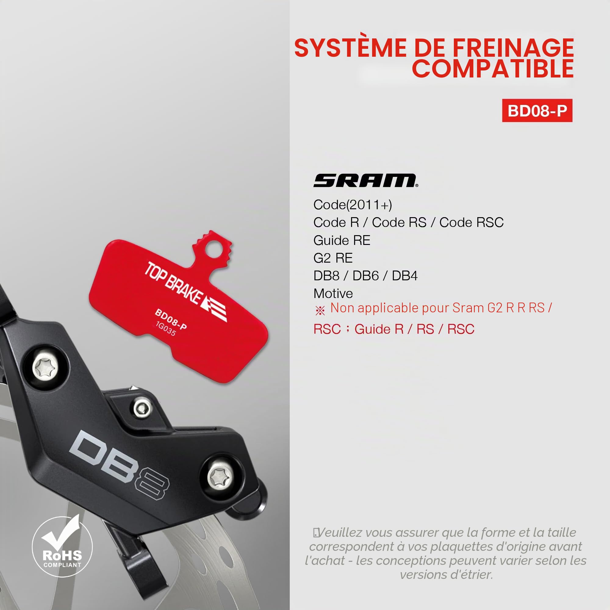 TOP BRAKE Plaquettes de Frein à Disque compatibles SRAM AVID Code R RE RSC DB8 Motive VTT VTTAE Downhill Trail All Mountain Enduro