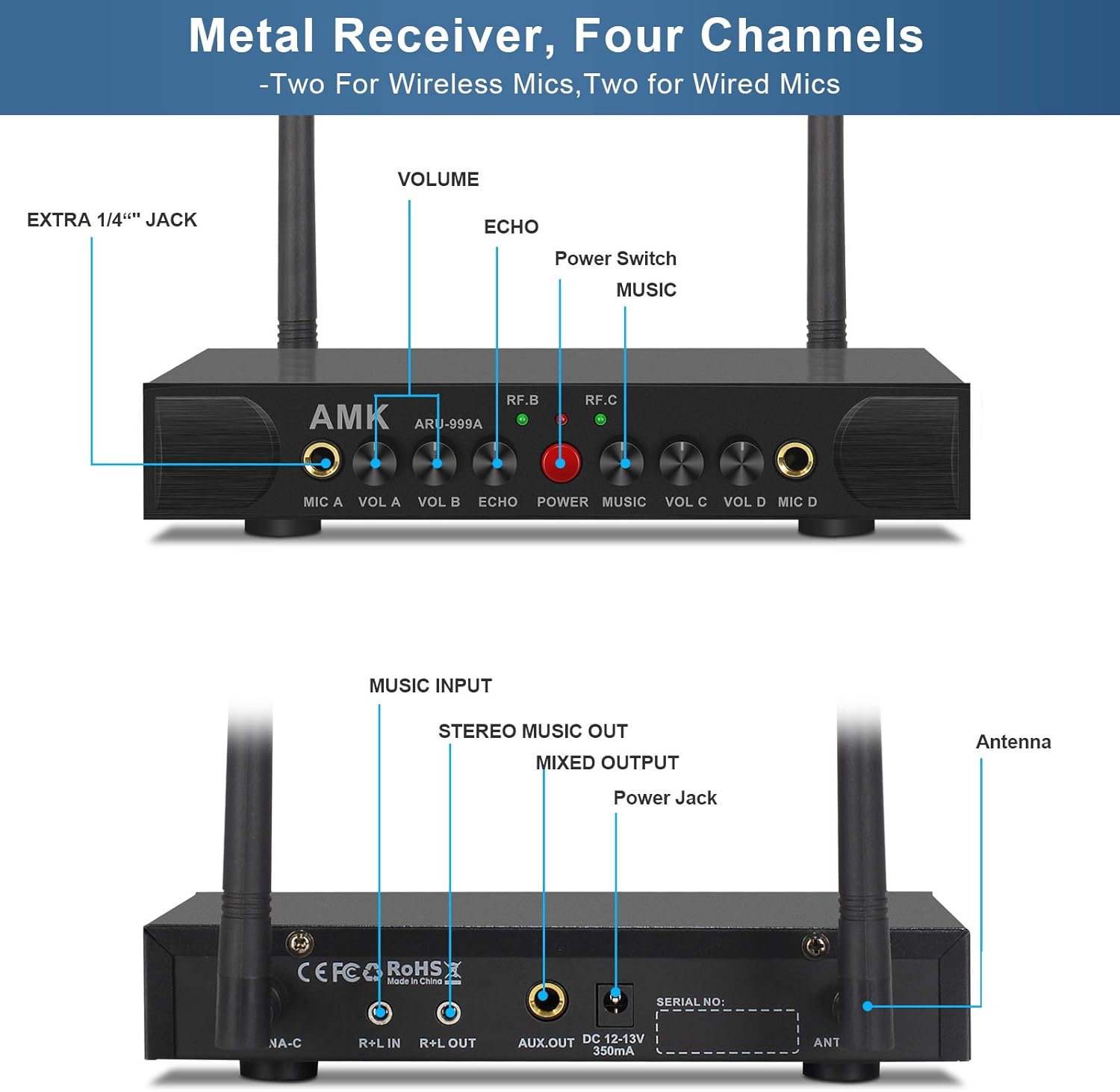 60% оƒƒ Dіѕсоunt Wireless Microphone System with Echo, AMK UHF Dual Wireless Mics Receiver with 1/4’’ Input Jacks for Two More Wired Mics, All Metal, Easy Setup, Echo Control, for Karaoke, Wedding, Church(ARU-999A)