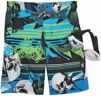 ZeroXposur Boys Blue & Green Skull Swim Trunks Board Shorts & Goggles Set 4