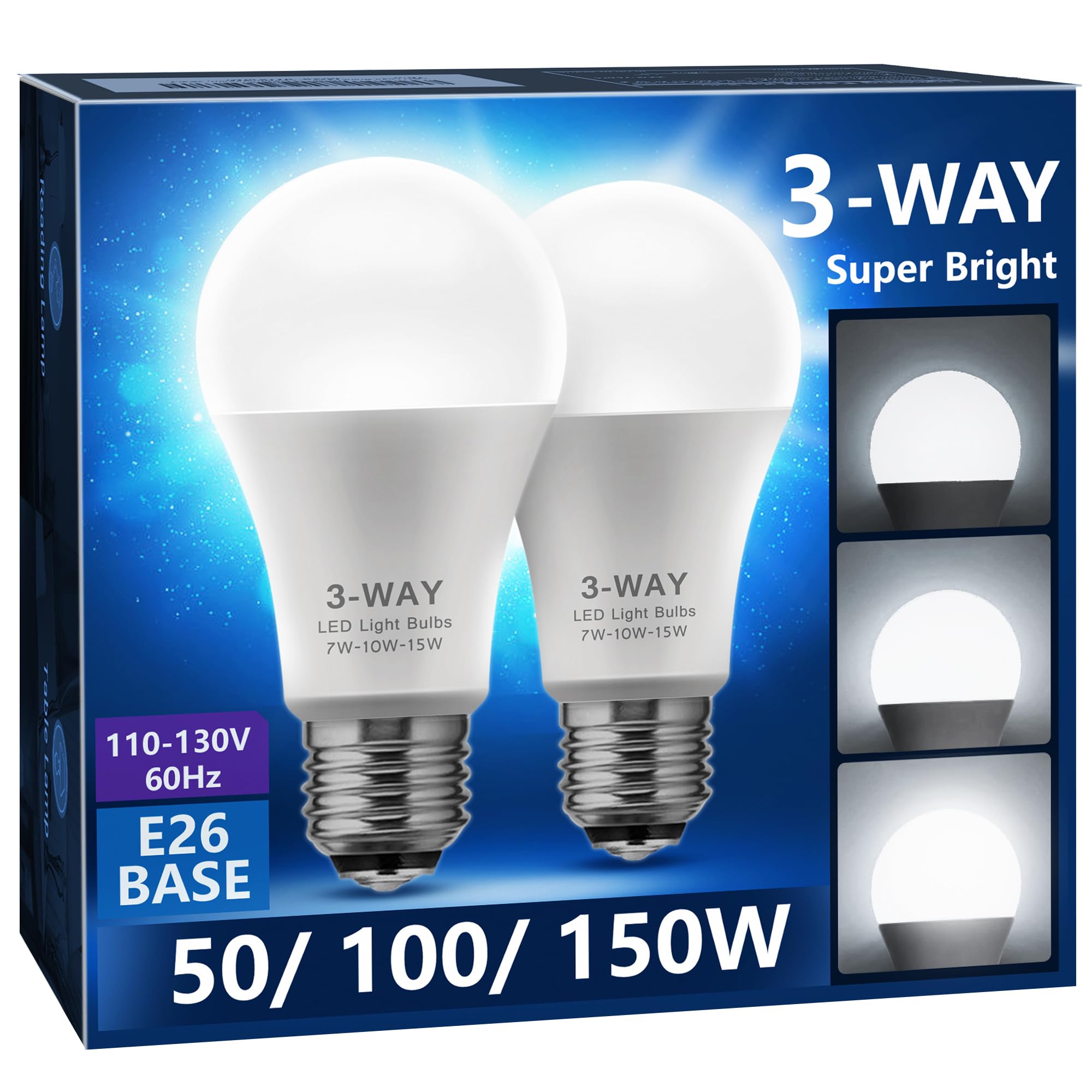 Briignite 3 Way LED Light Bulbs, 3-Ways Light Bulb 50 100 150W Equivalent Daylight 5000K A19 E26 Base, Three Way Light Bulbs Indoor 3-Way Light Bulb for Reading, 2 Pack