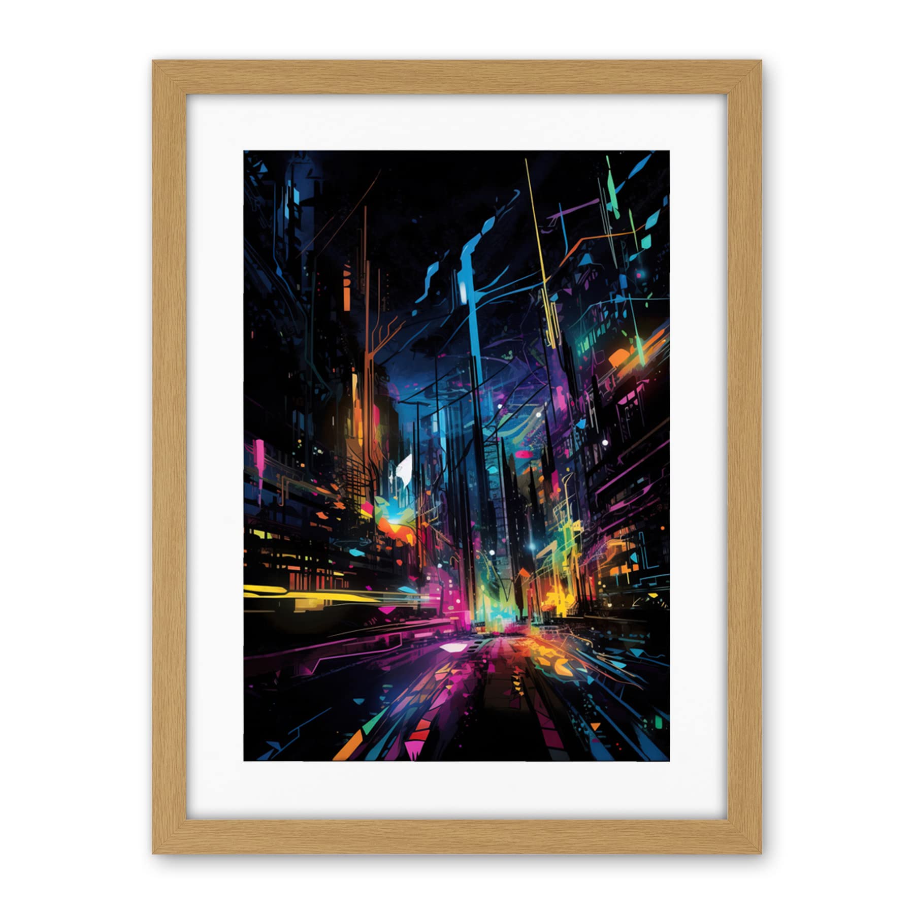 Artery8 New York City at Night Modern Abstract Neon Contrast Painting Artwork Framed Wall Art Print 18X24 Inch