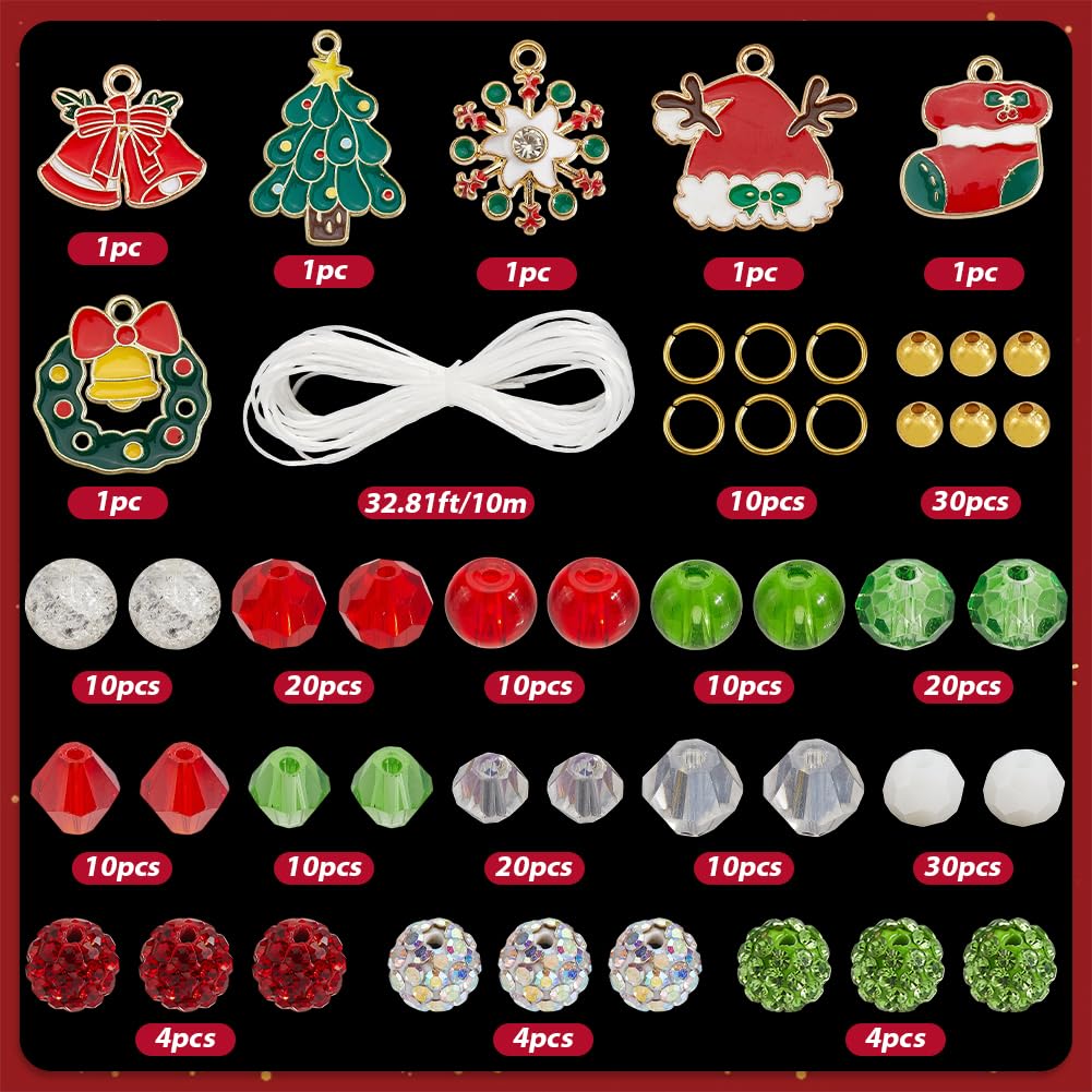 SUNNYCLUE 1 Box 208Pcs DIY 6 Sets Christmas Bracelet Making Kit Enamel Xmas Charms Red Green Bead Glass Polymer Clay Rhinestone Spacer Beads for Jewellery Making Kits Craft Gift Holiday Women Supplies - Image 2
