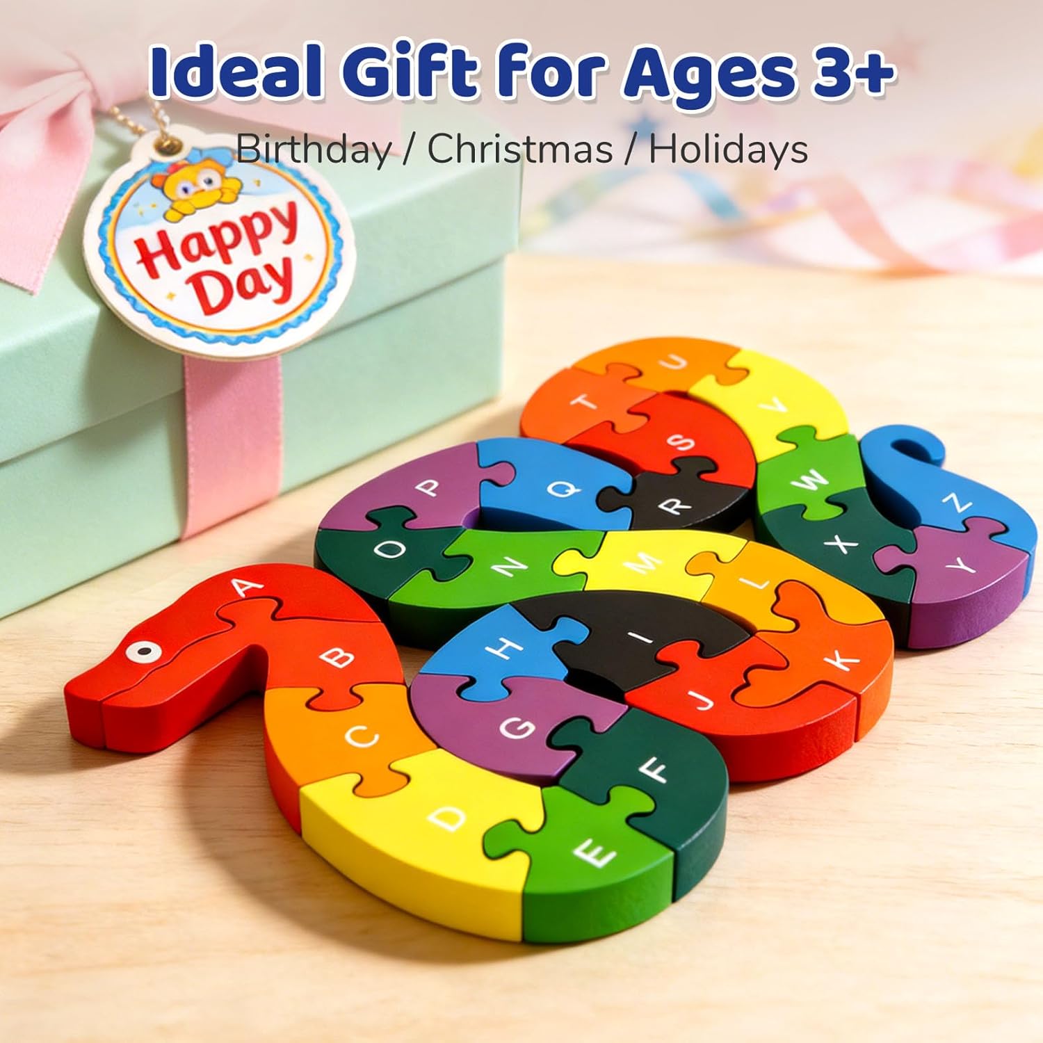 LovesTown Wooden Puzzles for Kids, Double Sided Snake Jigsaw with Alphabet & Numbers, Montessori Educational Toy for Toddlers, Chunky Animal Gift
