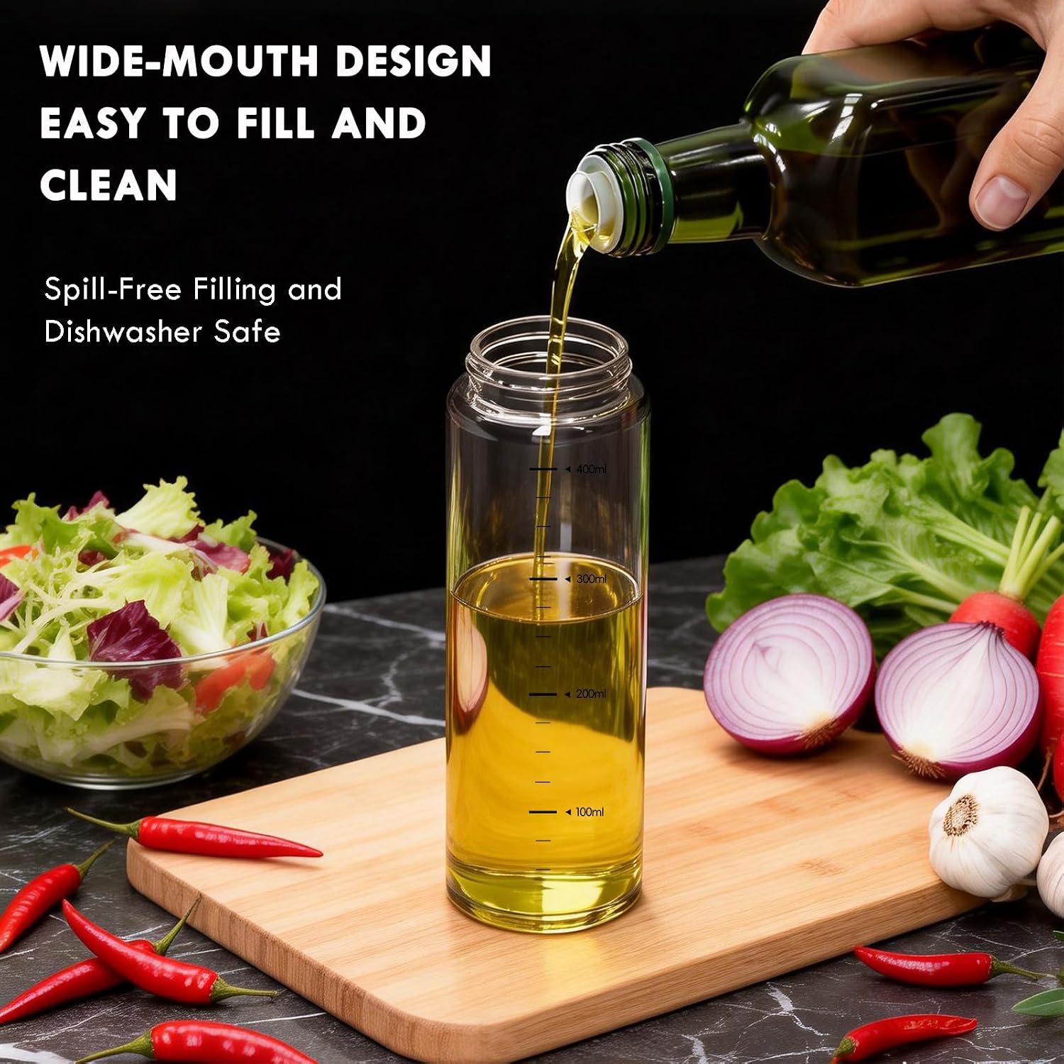 Leakproof Olive Oil Dispenser Bottle with No-Drip Spout - Shatterproof Borosilicate Glass with Dust Cover & Wide Mouth - Heat-Resistant 15oz Oil and Vinegar Cruet for Kitchen, Cooking, Salad Dressing