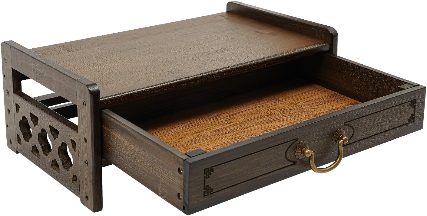Bamboo Monitor Stand with Drawer, Desktop Organizer for Laptop,Ergonomic Desktop Booster Stand for Monitor, Printer, Small Table for Home Office Meditation