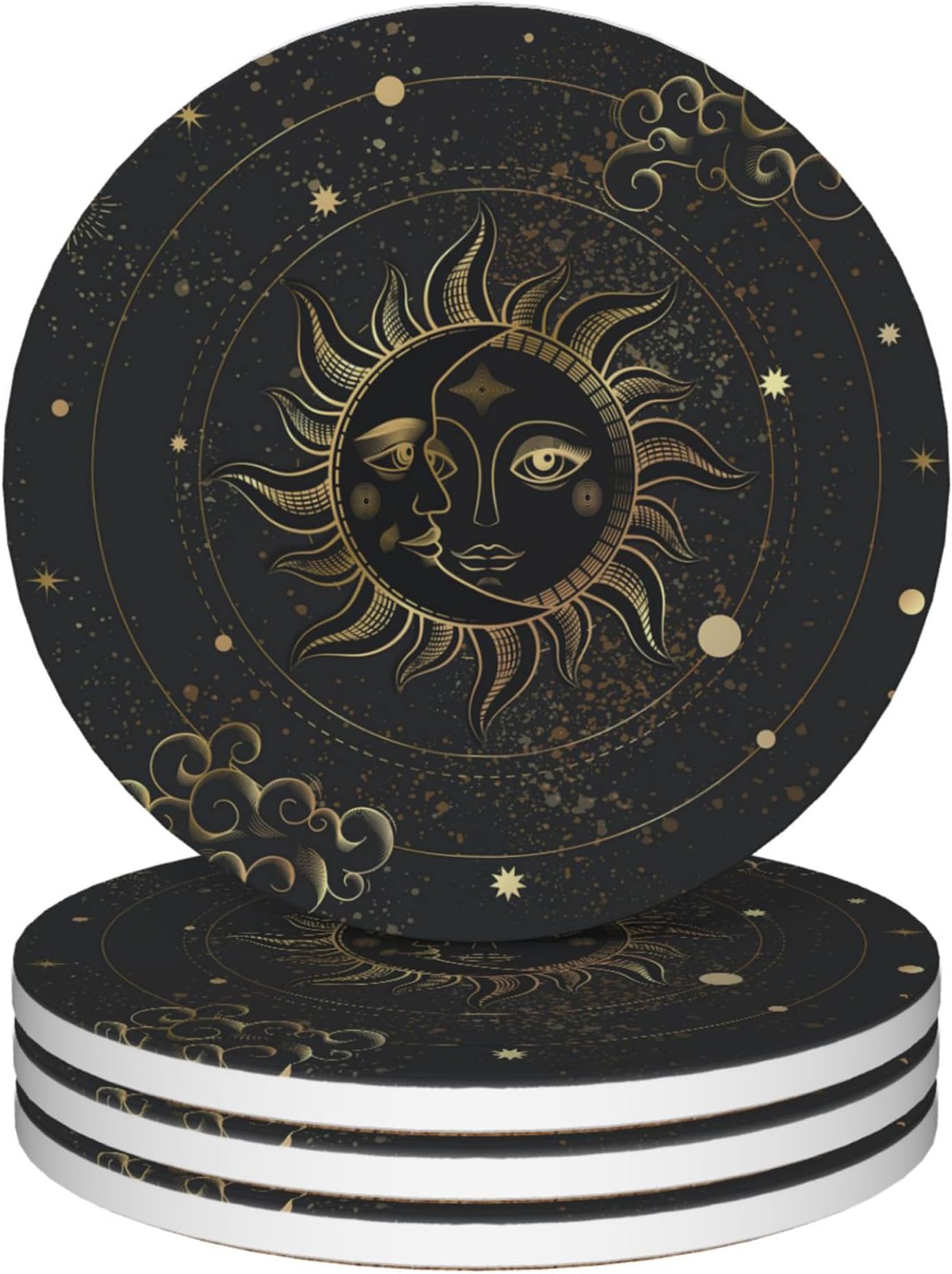 Coasters for Drinks,Golden Sun Moon Boho Absorbent Coaster Set of 4 with Cork Base,Ceramic Drink Coasters for Cold Drinks Wine Glasses Cups Mugs,Housewarming Gifts for Home Decor