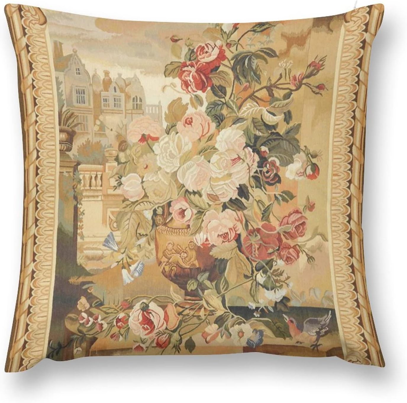 Antique Rose Floral French Aubusson Rug Throw Pillow Case Square Cozy Pillow Cover