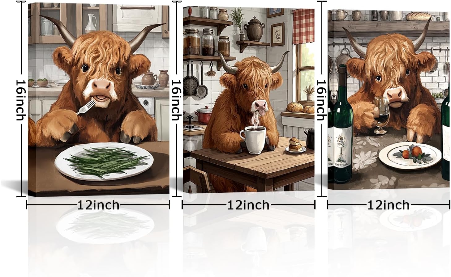 NutArtPic Kitchen Wall Art Highland Cow Picture Prints Funny Animal Dining Room Canvas Brown Kitchen Wall Decor 12''x16''x3