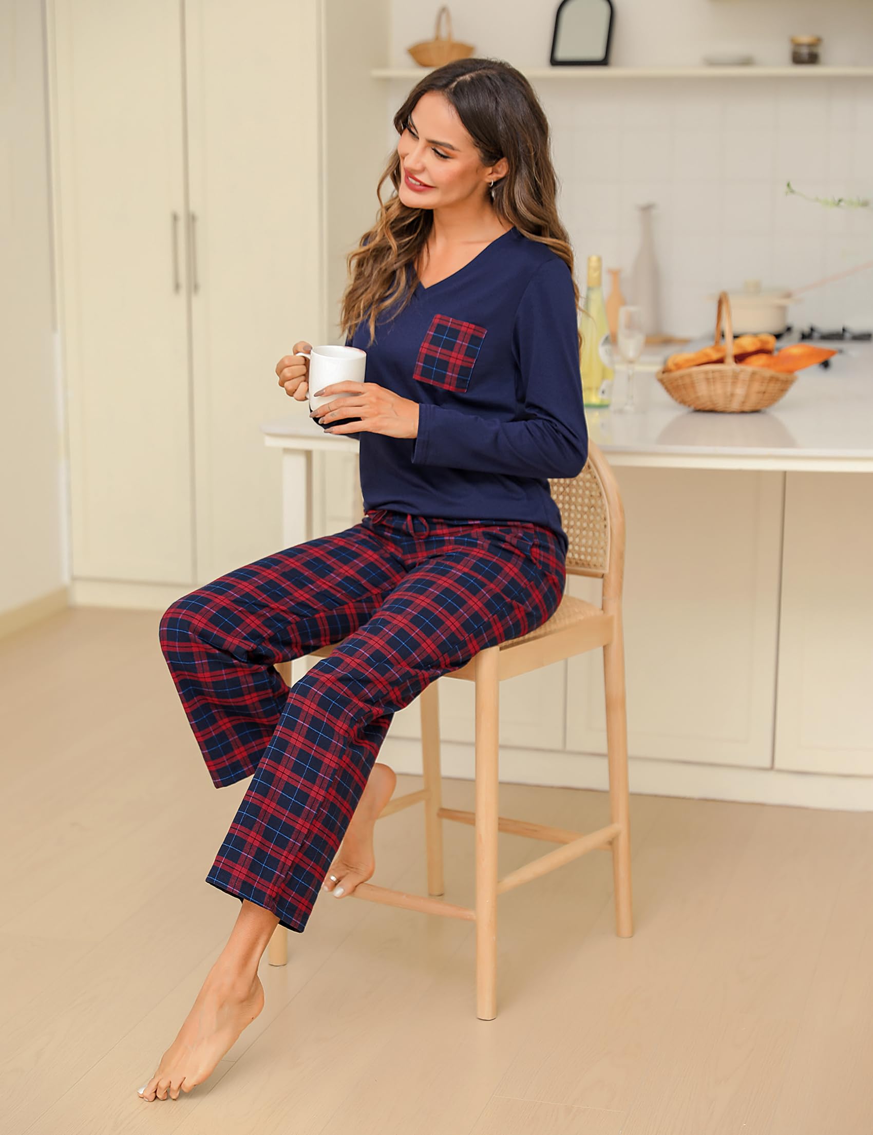iClosam Pigiama Cotone Donna Invernale a Quadri Due Pezzi Pigiami Lungo con Tasche Laterali Comodo Casual per la Casa S-XXL