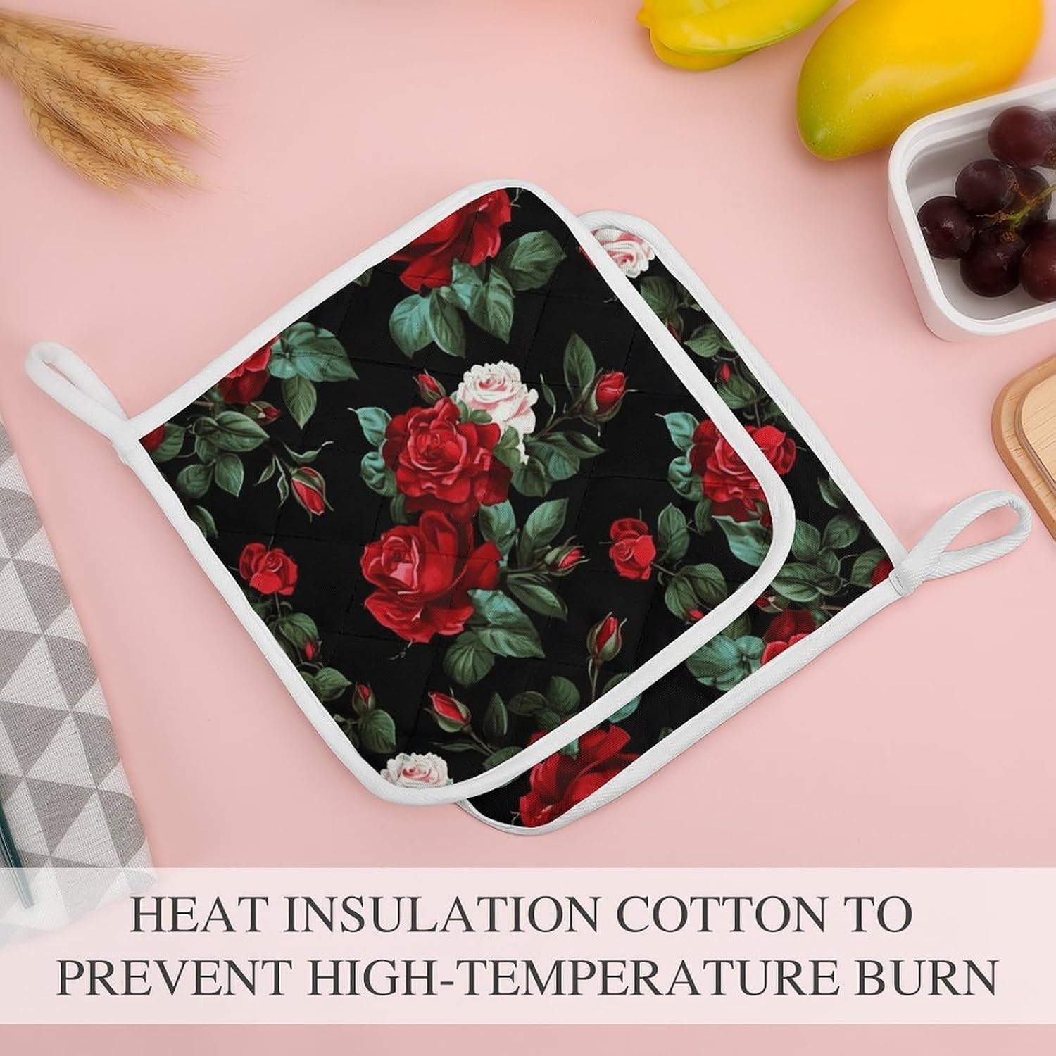 Beautiful Rose Gift Polyester Heat Resistant Pot Pad Non Slip Anti Scald Hot Dish Mat Reusable Table Protector for Kitchen Hot Pot Mat Wear Resistant Heat Proof Table Pad for Countertop Dining Room
