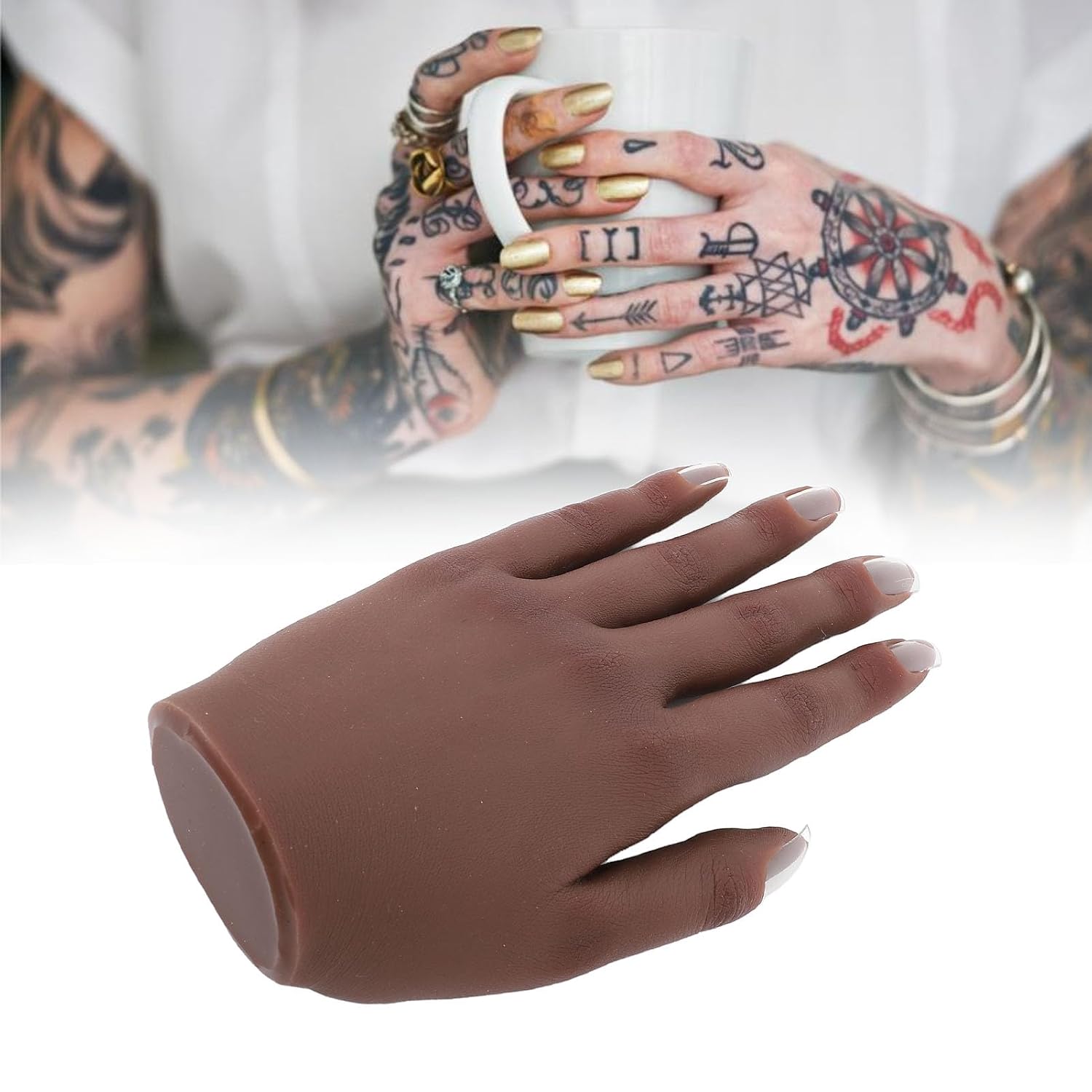 Manicure Practice Fake Hand, Silicone Nail Training Hand Model with Bendable Joints, Lifelike Nail Groove for Manicure Acupuncture Practice and Ring Display (Left Hand)