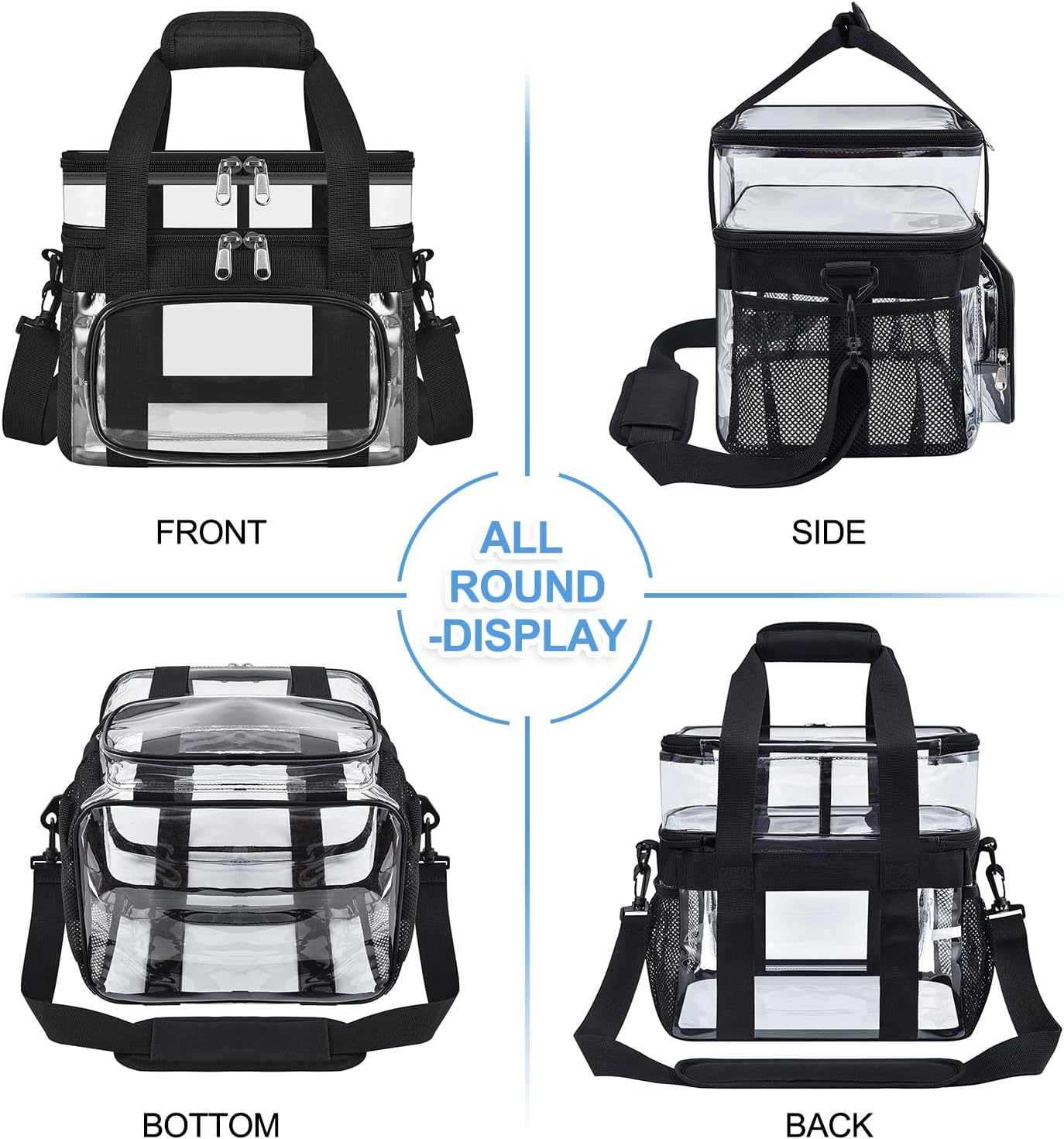 Double-Deck Clear Lunch Bag-Clear Lunch Bag for Work,Reusable Lunch Box with Adjustable Strap Front Pocket and Top Compartment for Picnic, Beach, Work, School（Medium）