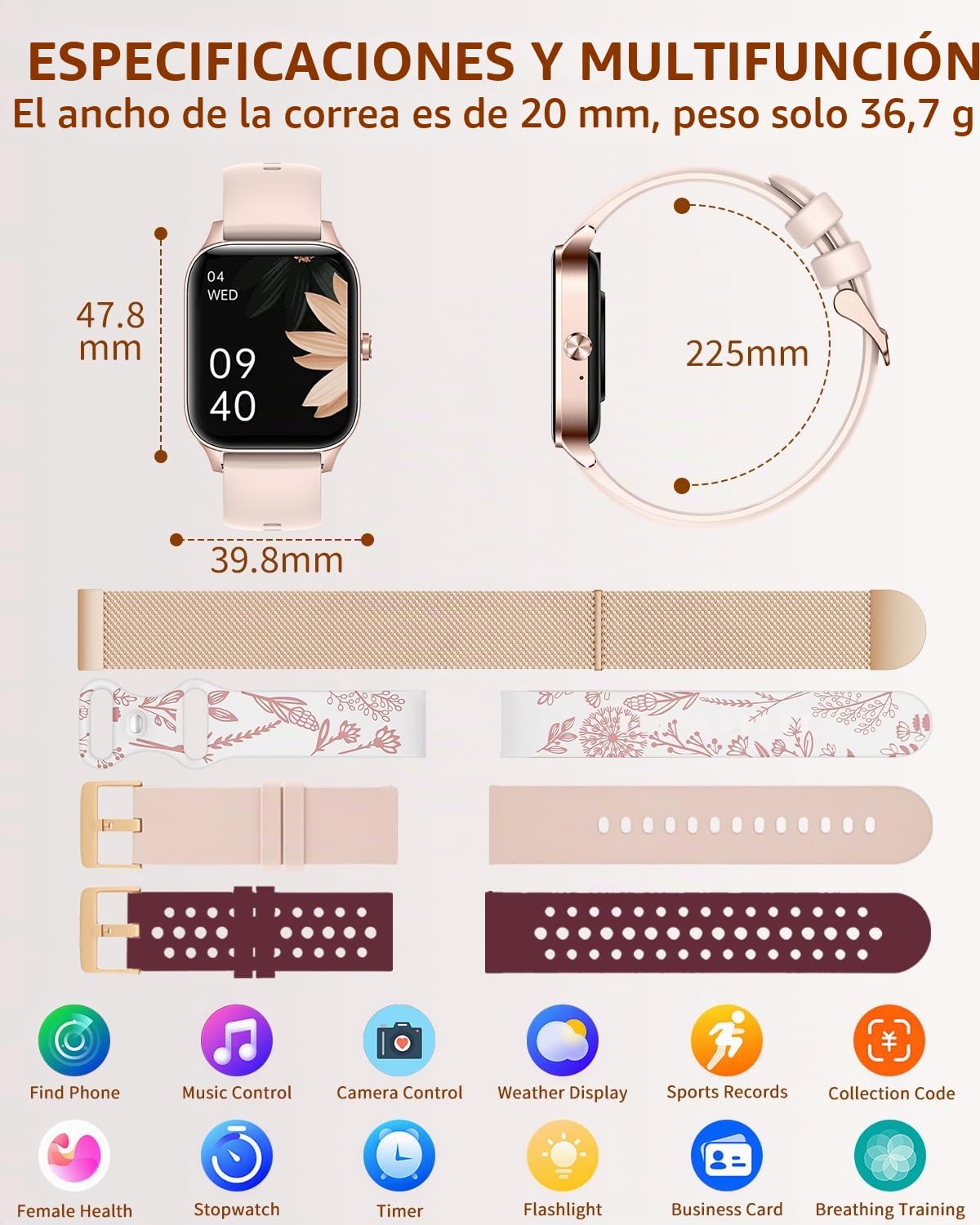 Reloj Inteligente Mujer con Llamadas Bluetooth 4 Correas Smartwatch Mujer Podómetro Sueño Pulsera Pulsómetro Actividad con 100+ Deportivos Función Femenina Smart Watch para Android iOS, Orse gold