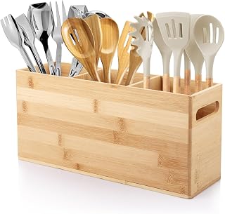 Wooden Utensil Holder, 3 Compartments Cutlery Holder with Handles, Bamboo Kitchen Utensil Holder Wood Kitchen Utensils Organiser