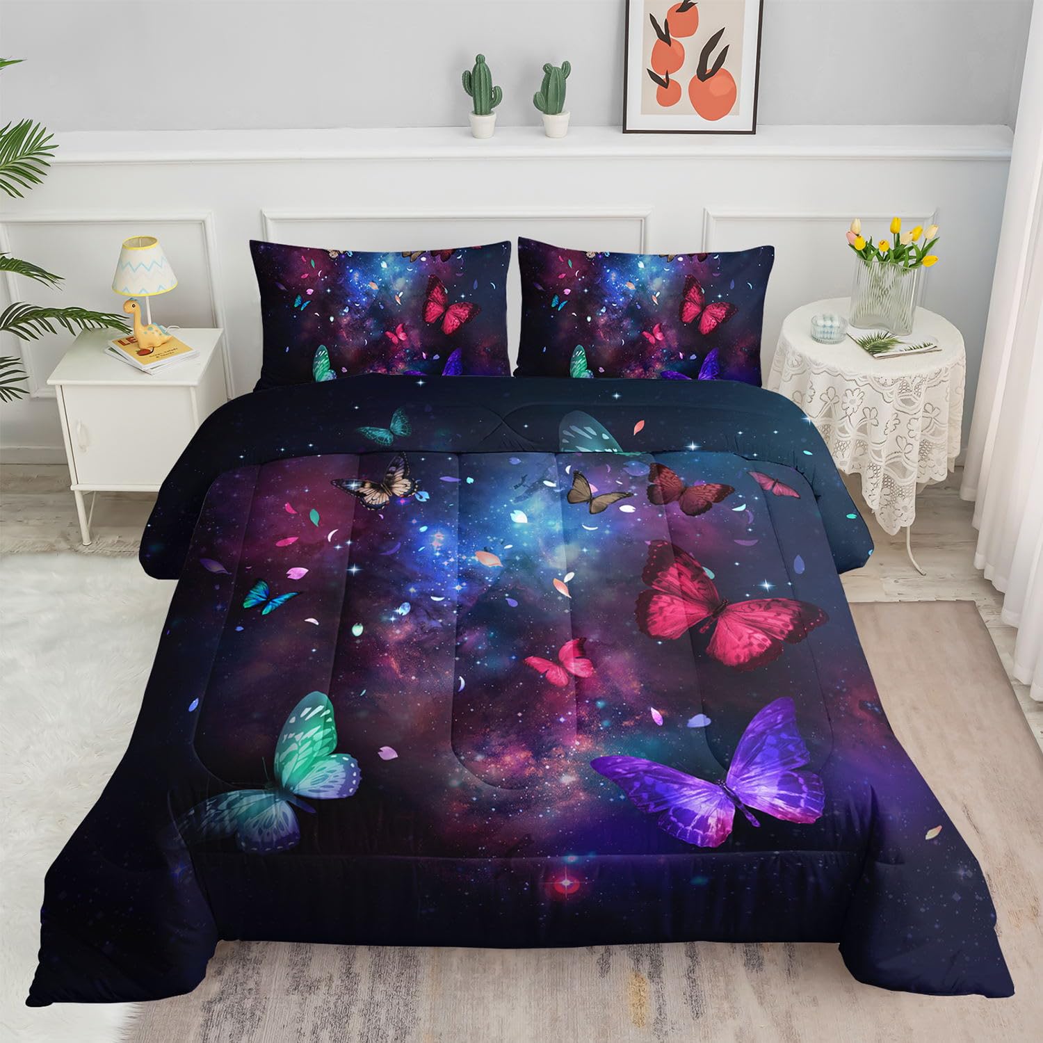 Smell Sunshine 3D Butterfly Comforter Set Starry Sky Galaxy Printed Bedding Set with 1 Comforter and 2 Pillowcases for Boys and Girls Bedroom All