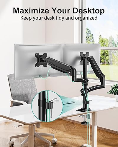 Miniatura 7 de Soporte de monitor doble para escritorio, brazos de monitor más altos para 2 pantallas de hasta 32 pulgadas, soporte ergonómico ajustable para